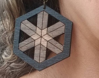 Geometric Wood Earrings, Oversized Wood Earring with Geometric Design, Lightweight Wood Earrings, Bohemian Earrings for Women