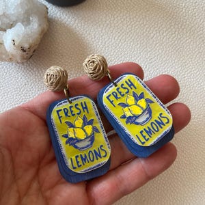 Sicilian Lemon Acrylic and Wood Earrings, Amalfi Coast Navy and Yellow Dangles with Post