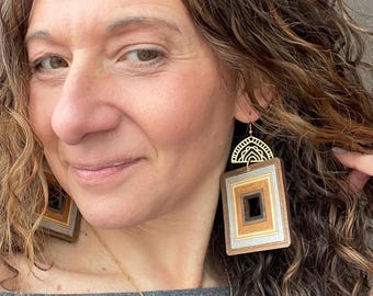 Striped Square Wood Earrings: Oversized Dangles, Big Statement Jewelry