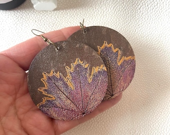 Maple Leaf Wood Earrings for Fall with Deep Mulberry and Gold: Unique Jewelry Gifts
