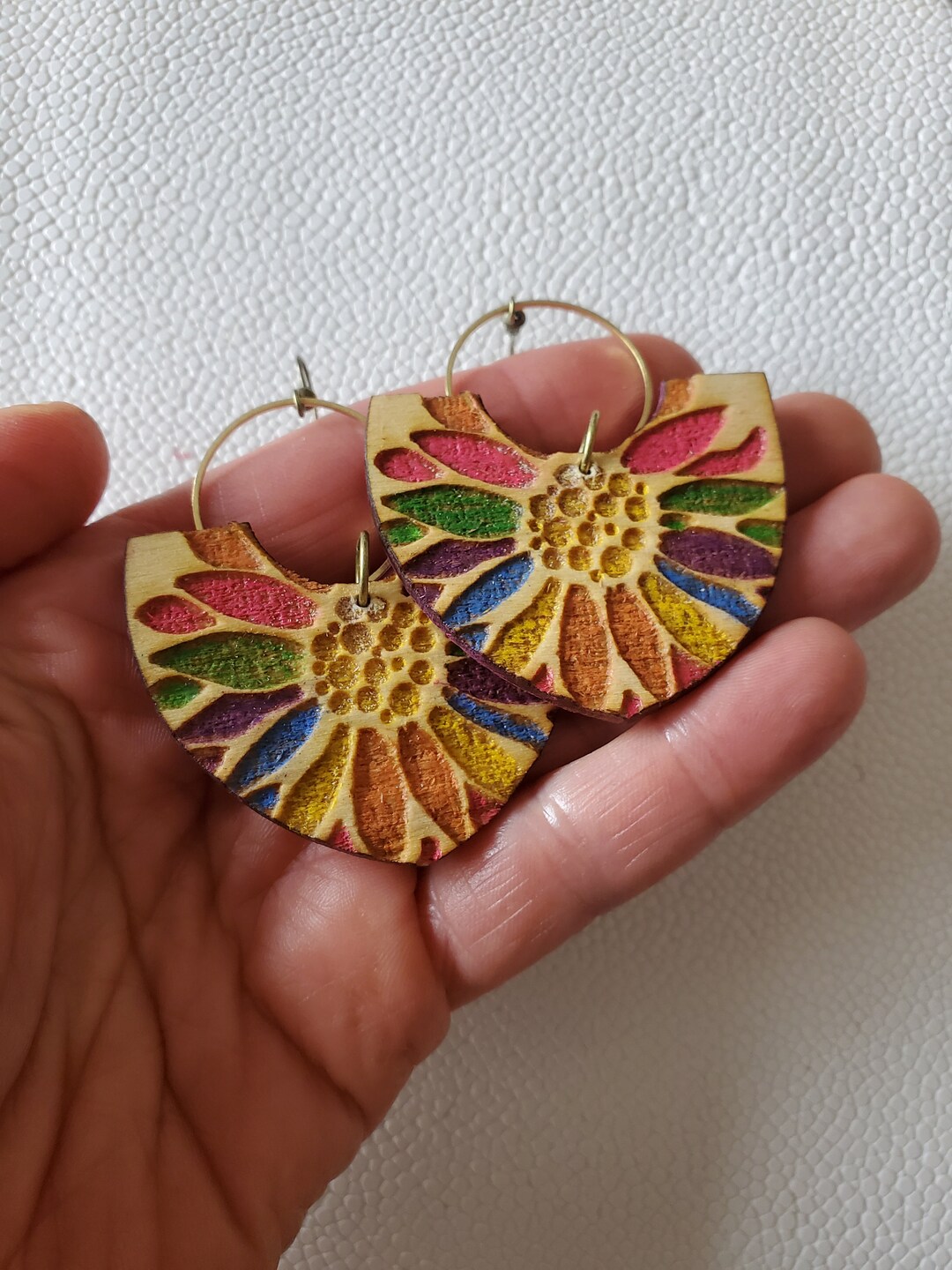 Wood Earrings, Colorful Flower Earrings, Bohemian Wood Earring for