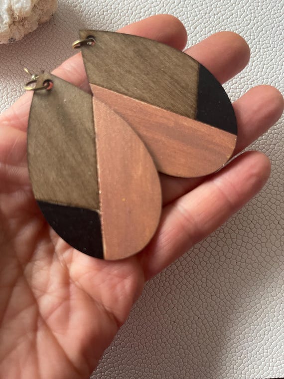 Color block Teardrop Wood Earrings: Handmade Modern Dangles, Neutral Jewelry