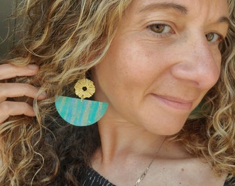 Turquoise Mermaid Earrings: Colorful Boho Metal and Wood Dangles, Handmade Jewelry