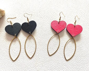 Red or Black Wood Metal Heart Dangles: Elegant Valentines Earrings Gifts