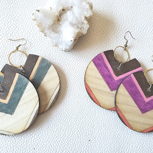 Chevron Stripe Wood Earrings: Colorful, Big, Boho Dangle Earrings