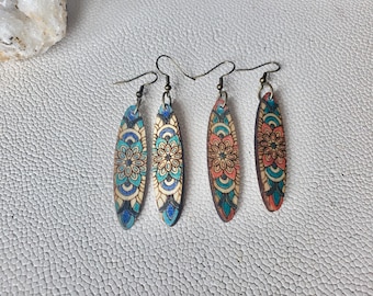 Handmade Oval Wood Dangles: Colorful Mandala Earrings, Lightweight Boho Jewelry