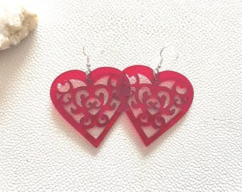Red Acrylic Heart Earrings with a Cut Outs: Valentine's Day Dangles, Heart Shaped Jewelry Gifts