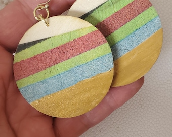 Bold Wood Earrings with Colorful Boho Stripes, Lightweight Artistic Jewelry