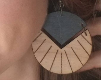 Handmade Boho Wood Dangle Earrings - Engraved Pie Design