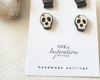 Handpainted Wood Stud Earrings: Skull, Crystal Ball, Ghost, Bats, Jack O Lantern (Set of 2)