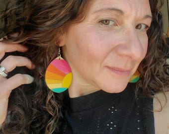 Handmade Sunset Wood Earrings, Vibrant Boho Dangle Earrings, Vacation Fun
