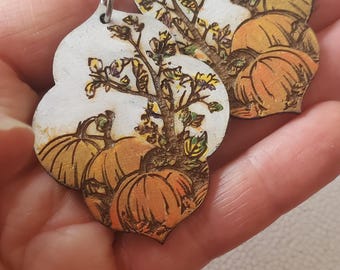 Fall Scene Pumpkin Wood Earrings: Hand Painted Lightweight Dangles, Fall Gifts