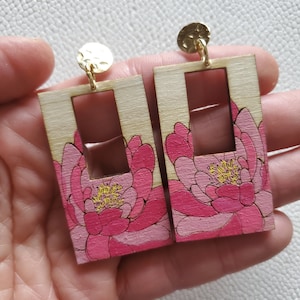 Colorful Rectangular Hoop Earrings with Boho Flowers - Fun Wood Earrings -Unique Hand painted Jewelry