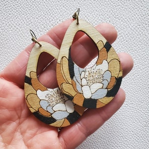 Floral Wood Earrings, Colorful Neutrals Teardrop Earrings, Wooden Bohemian Earrings, Handmade Earrings for Women, Unique Earring Gifts