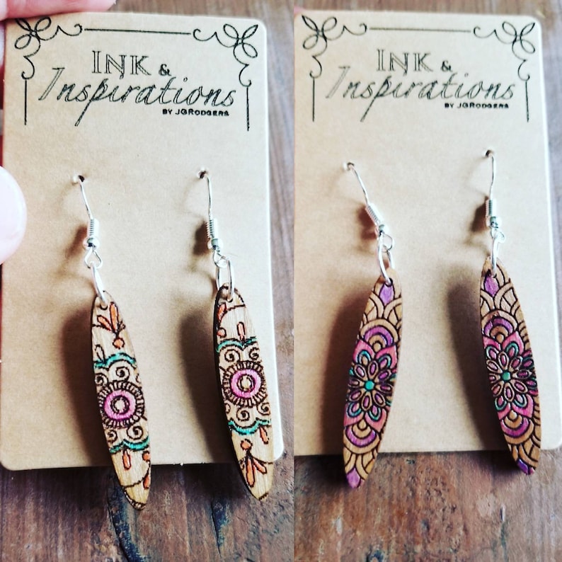 Small Wood Earrings, Colorful Wood Mandala Earrings, Dangle Wood Earrings, Colorful Bohemian Earrings for Women, Handmade Earring Gifts image 2