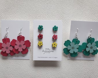 Flower Wood Dangle & Stud Earrings, Bohemian Wooden Earrings, Colorful Wooden Floral Earrings, Handmade Dangle Earrings