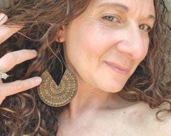 Hoop Earrings with Fun Boho Vibe - Unique Wood Statement Earrings - Handmade Jewelry