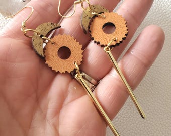 Boho Sun and Moon Earrings: Celestial Wood Metal Dangles,  Handmade Jewelry Gifts