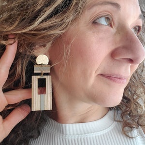 Rectangle Striped Hoop Earrings - Fun Square Wood Earrings -Handmade Boho Earrings