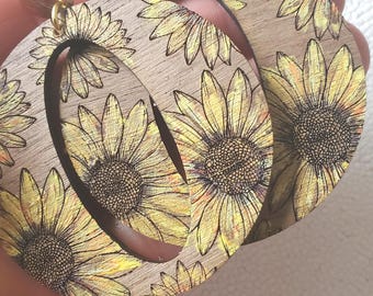 Sunflower Oversized Wood Hoops with Post Dangels, Boho Style Statement Jewelry