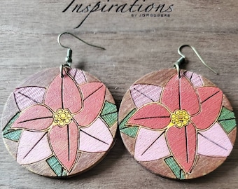 Boho Poinsettia Dangle Earrings: Laser Engraved Wood Christmas Jewelry