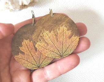 Fall Earrings: Wood Leaf Dangles, Unique Hand painted Jewelry
