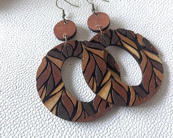 Statement Wood Hoop Earrings with Unique Boho Leaves in 2 Colors