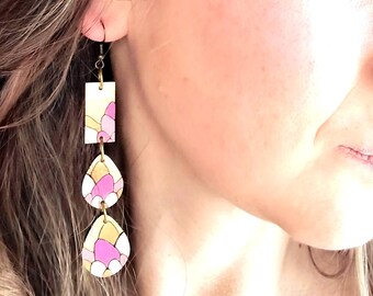 Long Flower Wood Earrings:  Cascade Dangles with Hand Painted Colorful Flowers