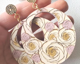 Boho Rose Hoop Earrings: Hand-Painted Wood Dangle Earrings