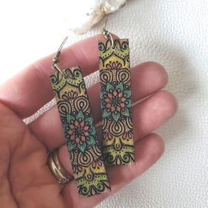 Small Colorful Boho Earrings: Engraved Wood Dangles with Mandala, Handmade Jewelry