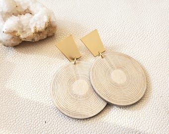Shimmer Oversized Wood Earrings with Geometric Gold Posts: Lightweight Statement Jewelry