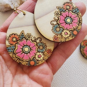 Cute Colorful Boho Earrings -Unique Wood Earrings with Vibrant Hand Painted Flowers - Mother&#39;s Day Gifts