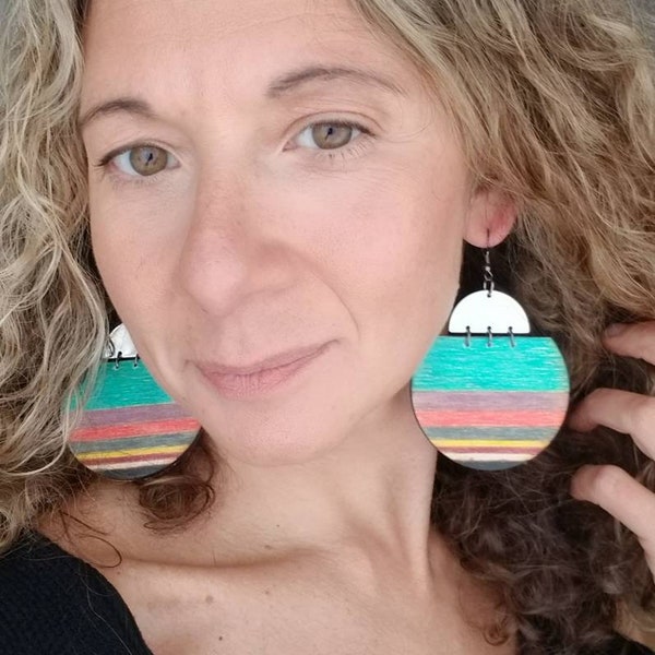 Wood Earrings, Wood Hoop Earrings, Colorful Wood Earrings, Lightweight Wood Earrings Women, Large Dangle Earrings, Large Bohemian Earrings