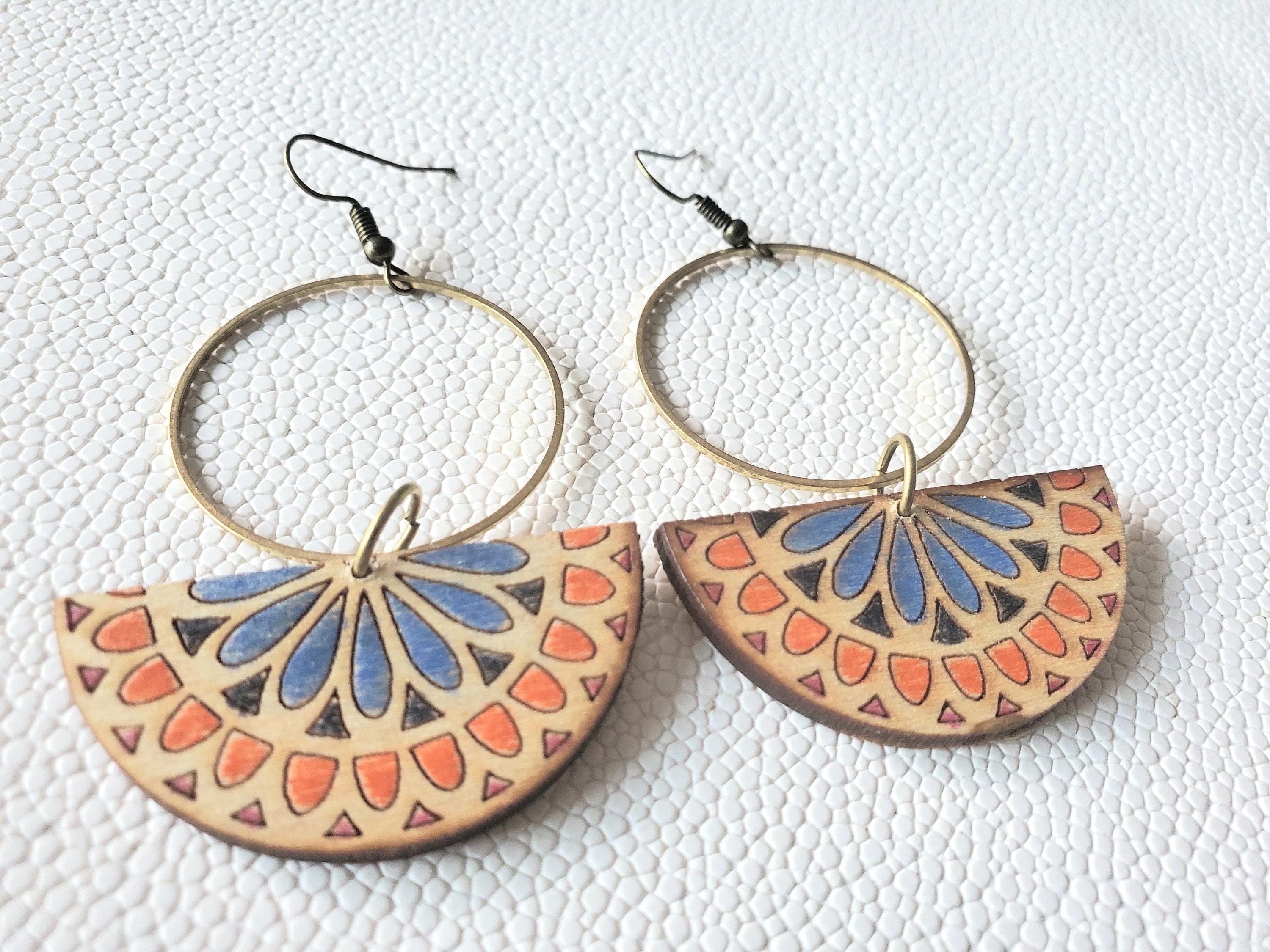 Colorful Wood Earrings with Mandala | Boho Earrings with Hippie Vibe | Designs for Her