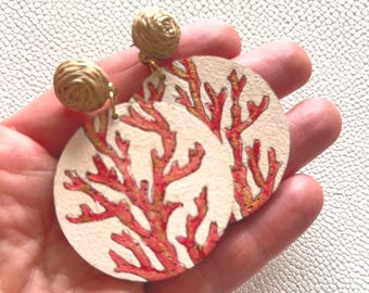 Hand-Painted Coral Reef Wood Earrings: Coastal Kitsch Boho Dangles