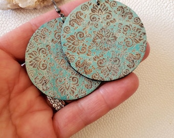 Bohemian Mandala Wood Earrings: Turquoise Vintage Style Dangles