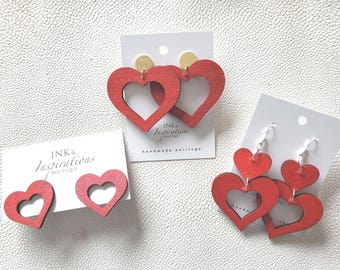 Handmade Red Wood Heart Earrings: Cutout & Dangle Styles (Valentine's Gift)