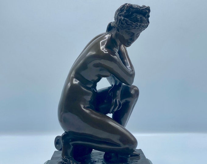 A French 19th Century Patinated Bronze Statue Of Kneeling Venus, Signed F. Barbedienne Fondeur And Stamped "Reduction Mecanique A Collas"