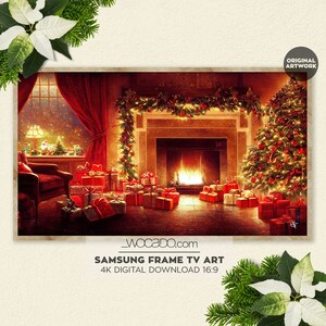 Cozy Christmas Home Samsung Frame TV Art | Christmas Tree and Gifts Painting | Holiday Living Room Wall Decor | Fireplace Scene TV Art