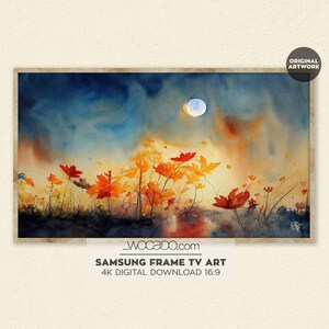Cornice TV Samsung con campo di fiori primaverili / Arte murale acquerello con prato di fiori selvatici rossi / Decorazione colorata con paesaggio / Download digitale