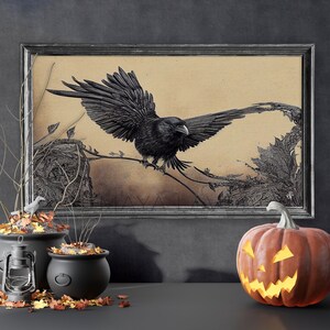 Décoration pour téléviseur Samsung avec cadre corbeau d&#39;Halloween | Art gothique vintage pour le cadre de la télévision | Papier peint pour téléviseur Black Crow, dessin au trait | Téléchargement numérique d&#39;un téléviseur à cadre 4K
