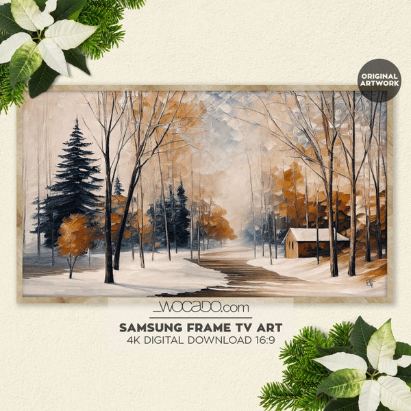 Winter Cottage Samsung Frame TV Art | Christmas Holiday Frame TV Art | Winter Forest Snowy Landscape Painting | Neutral Frame TV Download