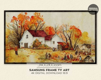 May include: A watercolor painting of a white farmhouse with a red roof surrounded by autumn trees. The trees have orange, yellow, and red leaves. People are gathered in the yard, and there are fallen leaves on the ground.