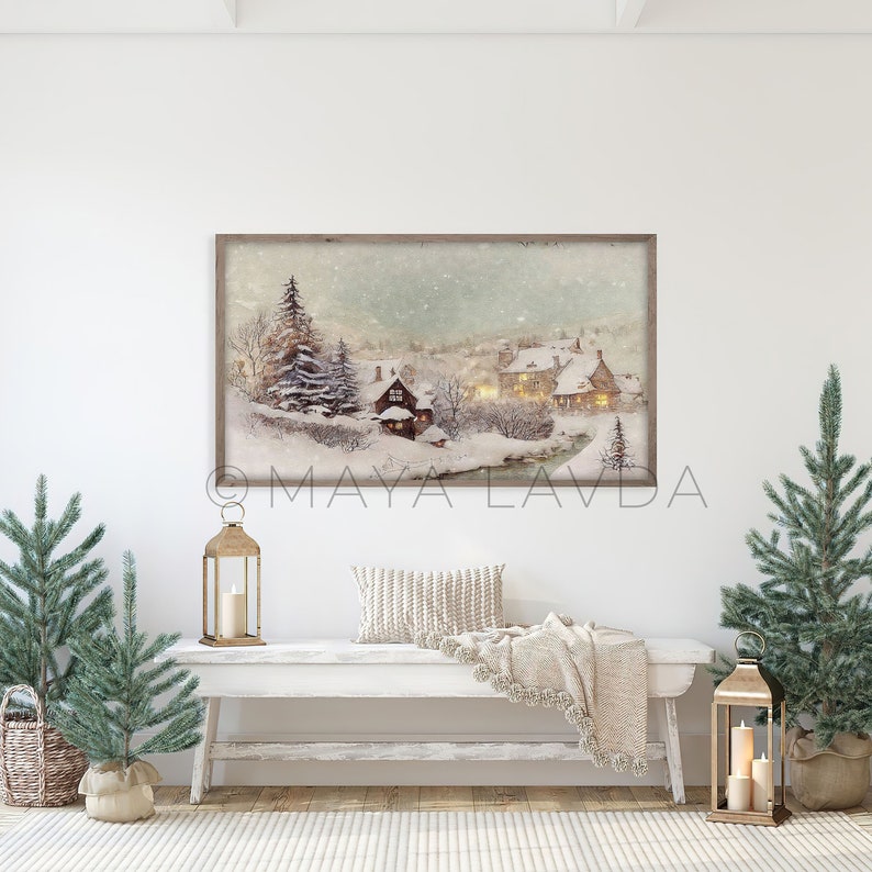 Christmas Village Samsung Frame Tv Art Vintage Winter Cottage