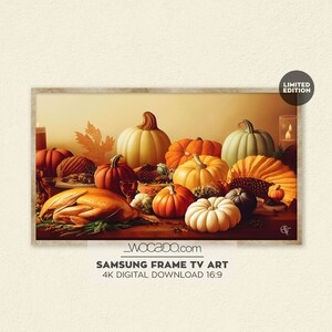 May include: A digital art print of a still life featuring a roasted turkey, pumpkins, gourds, and other fall harvest items. The print is titled "Samsung Frame TV Art" and includes the text "4K Digital Download 16:9".