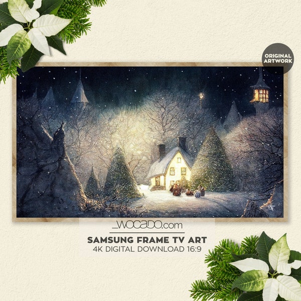 Christmas Village Samsung Frame TV Art | Artful Holiday Vintage Scene | Winter Snowy Landscape Painting | Cottage Frame TV Digital Download