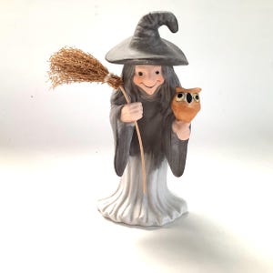 Vintage Enesco Halloween Witch with Broom/Bisque Ceramic 1980s