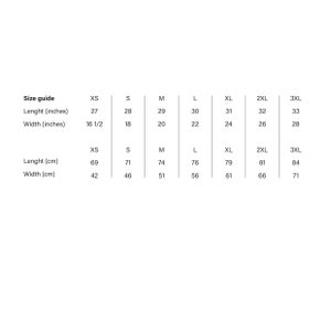 May include: Size guide chart with measurements in inches and centimeters for different sizes: XS, S, M, L, XL, 2XL, and 3XL. The chart shows the length and width of each size.