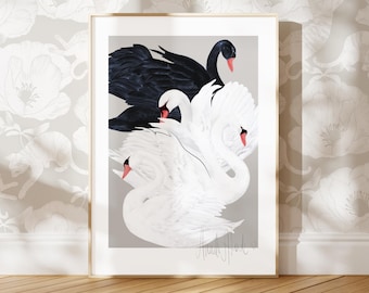 Impresión artística de cuatro cisnes, elegante decoración de pared, cisne blanco, cisne negro, decoración de interiores sofisticada