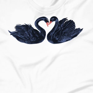 May include: Two black swans with their necks intertwined in a heart shape, against a white background.